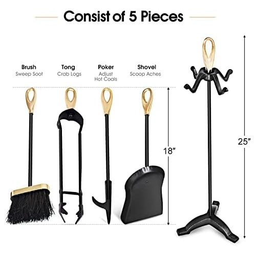 제네릭 Generic Julimoon 5 Pieces Fireplace Tools Set, Wrought Iron Fire Place Tools w/Poker, Shovel, Tongs, Brush, Stand, Hearth Accessories Set for Fireplace Pit, Outdoor, Indoor, Stove (Gold)