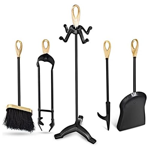 제네릭 Generic Julimoon 5 Pieces Fireplace Tools Set, Wrought Iron Fire Place Tools w/Poker, Shovel, Tongs, Brush, Stand, Hearth Accessories Set for Fireplace Pit, Outdoor, Indoor, Stove (Gold)