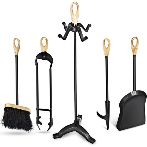 제네릭 Generic Julimoon 5 Pieces Fireplace Tools Set, Wrought Iron Fire Place Tools w/Poker, Shovel, Tongs, Brush, Stand, Hearth Accessories Set for Fireplace Pit, Outdoor, Indoor, Stove (Gold)