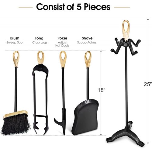 제네릭 Generic Julimoon 5 Pieces Fireplace Tools Set, Wrought Iron Fire Place Tools w/Poker, Shovel, Tongs, Brush, Stand, Hearth Accessories Set for Fireplace Pit, Outdoor, Indoor, Stove (Gold)