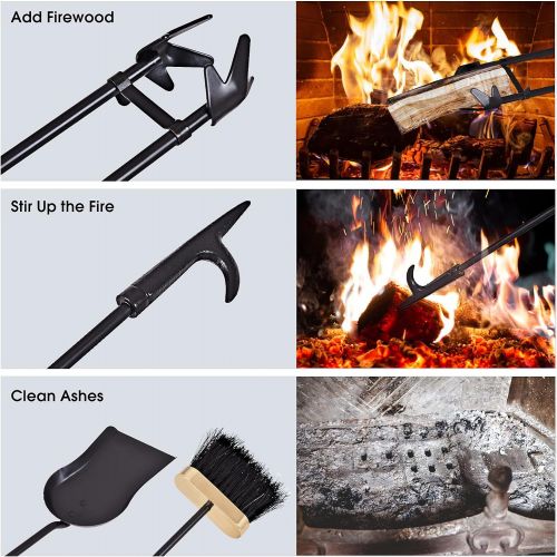 제네릭 Generic Julimoon 5 Pieces Fireplace Tools Set, Wrought Iron Fire Place Tools w/Poker, Shovel, Tongs, Brush, Stand, Hearth Accessories Set for Fireplace Pit, Outdoor, Indoor, Stove (Gold)