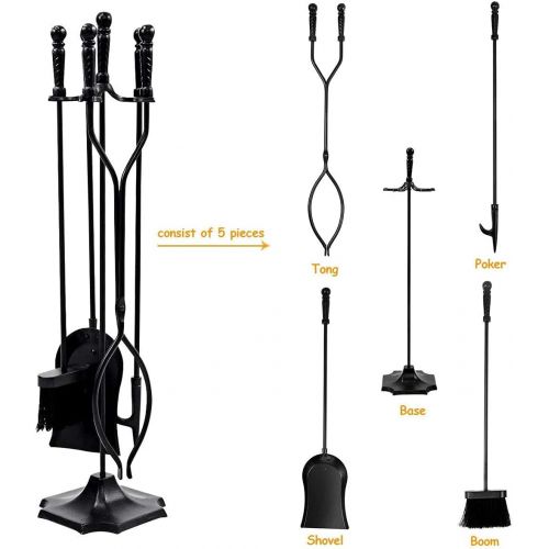 제네릭 Generic BUSHLY 5 Pieces Fireplace Tools Set, Wrought Iron Fire Set W/Poker, Shovel, Tongs, Brush and Pedestal Base for Indoor Outdoor Chimney, Hearth, Stove, Heavy Duty Hearth Stove Stools