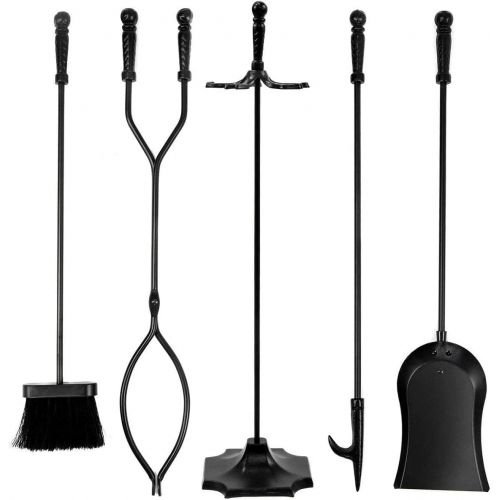 제네릭 Generic BUSHLY 5 Pieces Fireplace Tools Set, Wrought Iron Fire Set W/Poker, Shovel, Tongs, Brush and Pedestal Base for Indoor Outdoor Chimney, Hearth, Stove, Heavy Duty Hearth Stove Stools