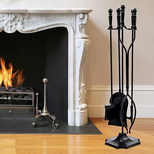 제네릭 Generic BUSHLY 5 Pieces Fireplace Tools Set, Wrought Iron Fire Set W/Poker, Shovel, Tongs, Brush and Pedestal Base for Indoor Outdoor Chimney, Hearth, Stove, Heavy Duty Hearth Stove Stools