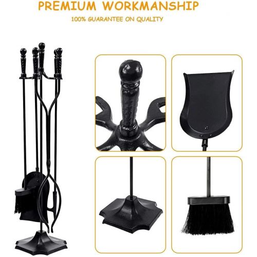 제네릭 Generic BUSHLY 5 Pieces Fireplace Tools Set, Wrought Iron Fire Set W/Poker, Shovel, Tongs, Brush and Pedestal Base for Indoor Outdoor Chimney, Hearth, Stove, Heavy Duty Hearth Stove Stools