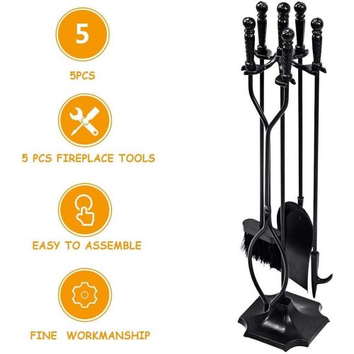 제네릭 Generic BUSHLY 5 Pieces Fireplace Tools Set, Wrought Iron Fire Set W/Poker, Shovel, Tongs, Brush and Pedestal Base for Indoor Outdoor Chimney, Hearth, Stove, Heavy Duty Hearth Stove Stools