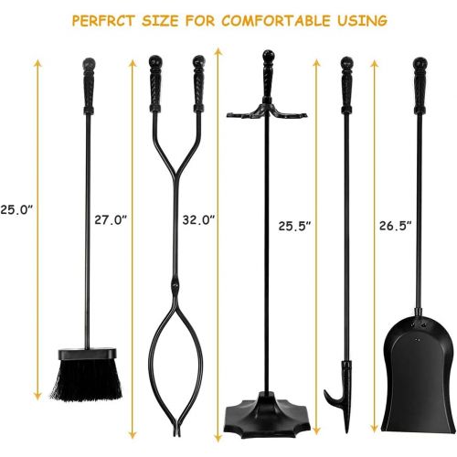 제네릭 Generic BUSHLY 5 Pieces Fireplace Tools Set, Wrought Iron Fire Set W/Poker, Shovel, Tongs, Brush and Pedestal Base for Indoor Outdoor Chimney, Hearth, Stove, Heavy Duty Hearth Stove Stools