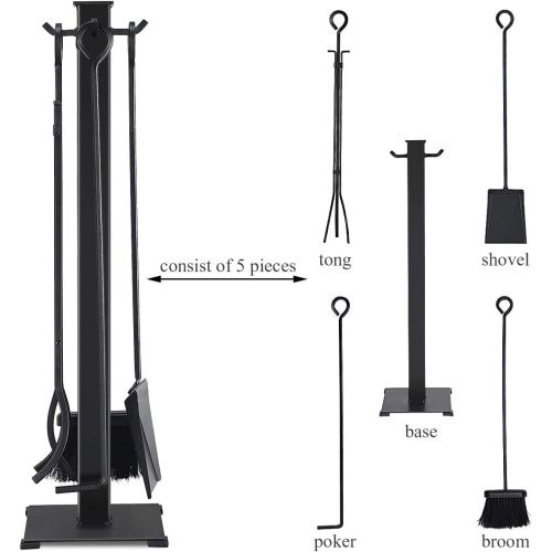 제네릭 Generic Hysache 5-Piece Fireplace Tool Set, Heavy Duty Wrought Iron Toolset w/Tong,Poker, Shovel, Brush, Indoor & Outdoor Hearth Wood Stove Firepit Accessories, Compact Fireplace Tool Set