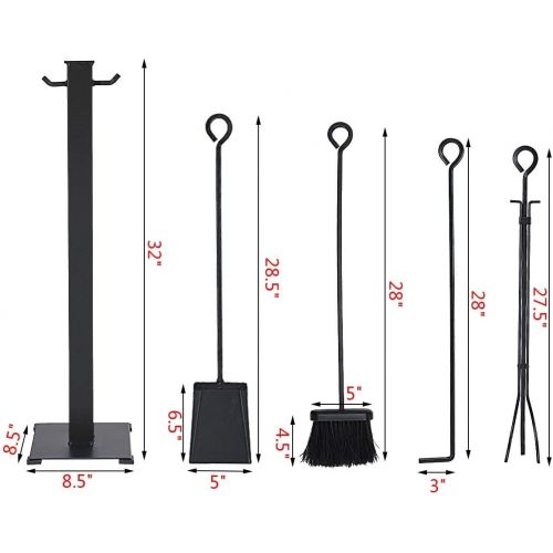 제네릭 Generic Hysache 5-Piece Fireplace Tool Set, Heavy Duty Wrought Iron Toolset w/Tong,Poker, Shovel, Brush, Indoor & Outdoor Hearth Wood Stove Firepit Accessories, Compact Fireplace Tool Set