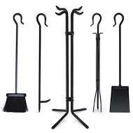 Generic Hysache 5-Piece Fireplace Tools Sets, Black Wrought Iron Fire Tool Holder, Wood Stove Firepit Accessories, Compact Fireplace Tool Set Poker Tongs Shovel Broom and Stand Base