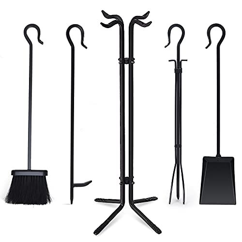 제네릭 Generic Hysache 5-Piece Fireplace Tools Sets, Black Wrought Iron Fire Tool Holder, Wood Stove Firepit Accessories, Compact Fireplace Tool Set Poker Tongs Shovel Broom and Stand Base