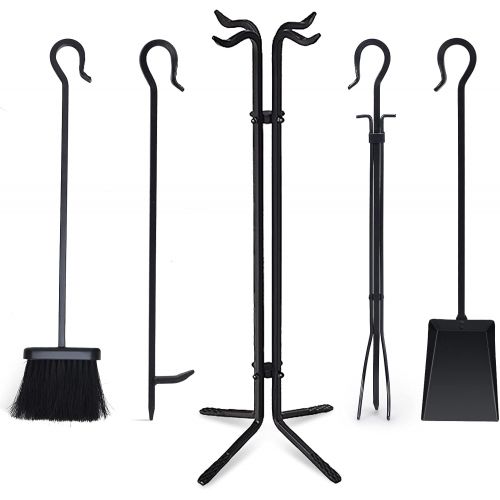 제네릭 Generic Hysache 5-Piece Fireplace Tools Sets, Black Wrought Iron Fire Tool Holder, Wood Stove Firepit Accessories, Compact Fireplace Tool Set Poker Tongs Shovel Broom and Stand Base