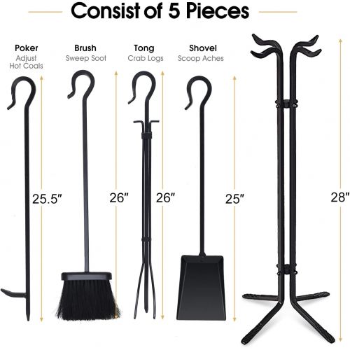 제네릭 Generic Hysache 5-Piece Fireplace Tools Sets, Black Wrought Iron Fire Tool Holder, Wood Stove Firepit Accessories, Compact Fireplace Tool Set Poker Tongs Shovel Broom and Stand Base