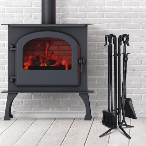 제네릭 Generic Hysache 5-Piece Fireplace Tools Sets, Black Wrought Iron Fire Tool Holder, Wood Stove Firepit Accessories, Compact Fireplace Tool Set Poker Tongs Shovel Broom and Stand Base