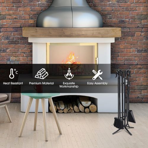 제네릭 Generic Hysache 5-Piece Fireplace Tools Sets, Black Wrought Iron Fire Tool Holder, Wood Stove Firepit Accessories, Compact Fireplace Tool Set Poker Tongs Shovel Broom and Stand Base