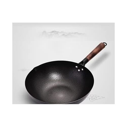 제네릭 Generic Handmade Iron Pot 32CM Frying Pan Uncoated Health Wok Non Stick Pan Gas Stove Induction Cooker Universal Wood Cover Iron Wok (a Pot)