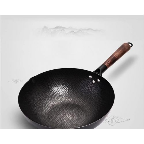 제네릭 Generic Handmade Iron Pot 32CM Frying Pan Uncoated Health Wok Non Stick Pan Gas Stove Induction Cooker Universal Wood Cover Iron Wok (a Pot)