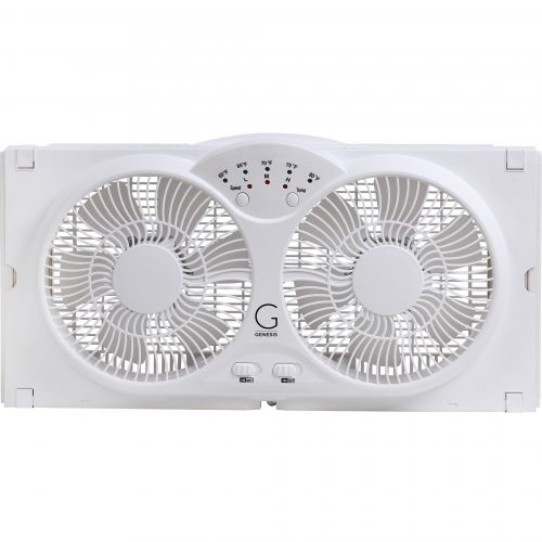  Genesis Twin Window Fan with 9 Inch Blades, High Velocity Reversible AirFlow Fan, LED Indicator Lights Adjustable Thermostat & Max Cool Technology, ETL Certified