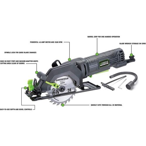  Genesis GCS445SE 4.0 Amp 4-1/2 Compact Circular Saw with 24T Carbide-Tipped Blade, Rip Guide, Vacuum Adapter, and Blade Wrench