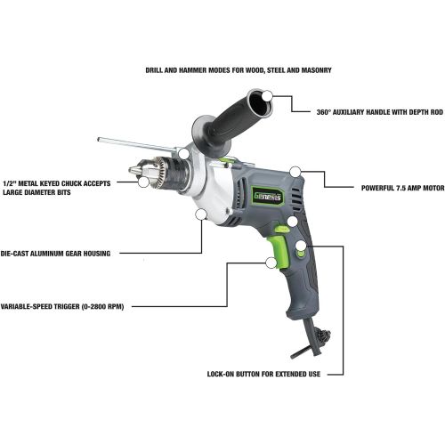  Genesis GHD1275 1/2 7.5 Amp Variable Speed Reversible Hammer Drill with Adjustable Chuck Key, Side Control Handle, Lock-On Button, 360° Auxiliary Handle, and Depth Gauge