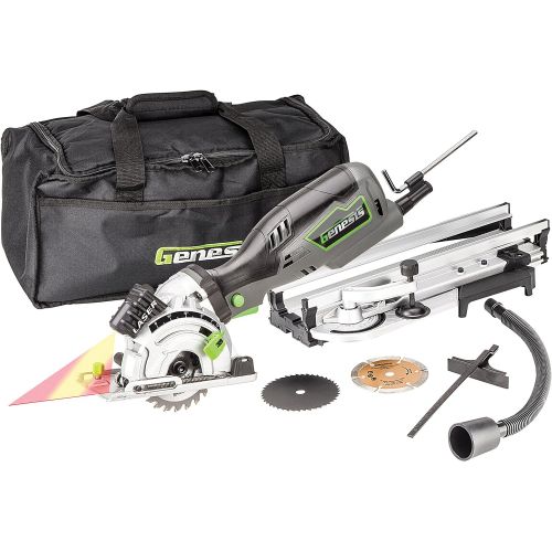  GENESIS Genesis GPCS535CK 5.8 Amp, 3-12” Control Grip Plunge Compact Circular Saw Kit with Laser, Miter Base, 3 assorted blades, Vacuum Adapter Hose, Rip Guide and Carrying bag