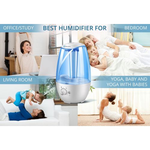  GENIANI Humidifiers - 4L Ultrasonic Cool Mist Humidifier for Bedroom  Home with Night Light - Best Whole House Vaporizer - Large Water Tank - Auto Shut Off & Filter-Free - Gift Bo