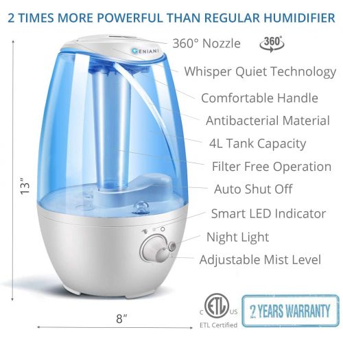  GENIANI Humidifiers - 4L Ultrasonic Cool Mist Humidifier for Bedroom  Home with Night Light - Best Whole House Vaporizer - Large Water Tank - Auto Shut Off & Filter-Free - Gift Bo