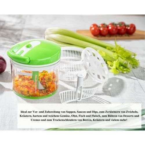  Genius Nicer Dicer Twist Universal Chopper Set 18 Pieces ? Manual Vegetable Cutter with Pulley, Salad Spinner & Strainer ? Onion Cutter for Chopping + Mashing 1000 ml.