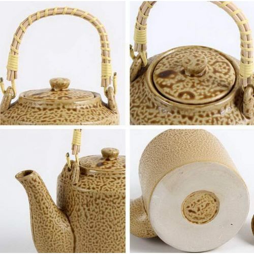  Gentle Meow Nostalgic Earthenware Beam Tea Pot with Bamboo Handle, 28 Oz, Tiger Skin Pattern