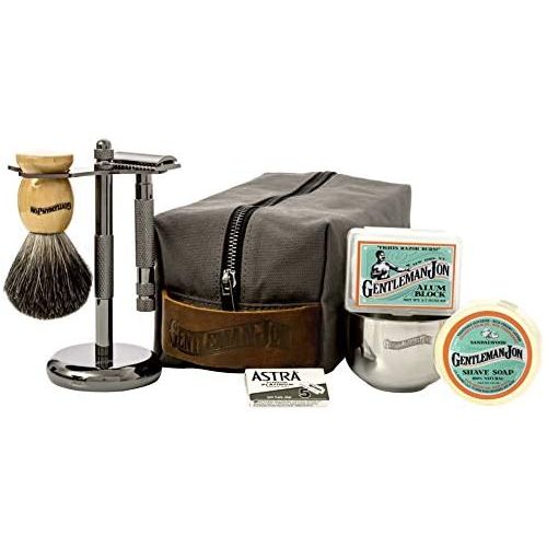  Gentleman Jon Deluxe Wet Shave Kit | Includes 8 Items: Safety Razor, Badger Hair Brush, Shave Stand, Canvas & Leather Dopp Kit, Alum Block, Shave Soap, Stainless Steel Bowl and Ast