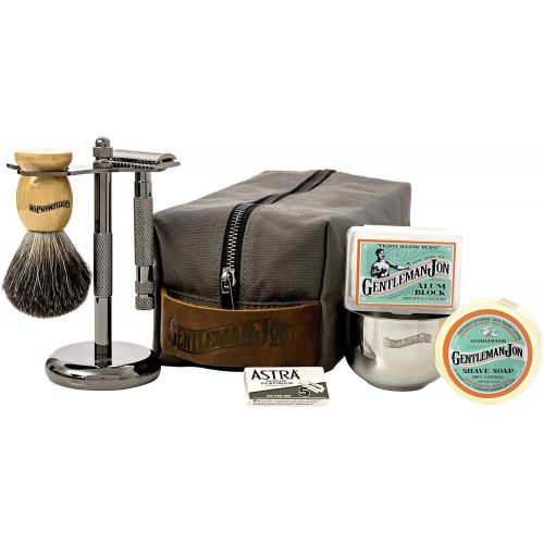  Gentleman Jon Deluxe Wet Shave Kit | Includes 8 Items: Safety Razor, Badger Hair Brush, Shave Stand, Canvas & Leather Dopp Kit, Alum Block, Shave Soap, Stainless Steel Bowl and Ast