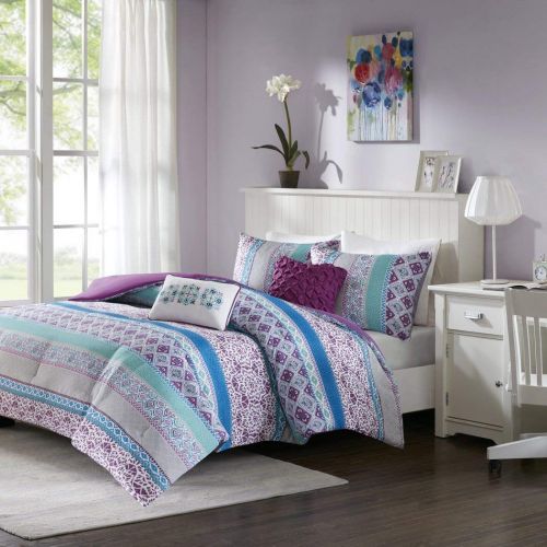  5 Piece Girls Dark Purple Blue Grey Bohemian Stripe Comforter Full Queen Set, Stylish All Over Striped Boho Chic Floral Bedding, Girly Intricate Geometric Flower Diamond Themed Pat