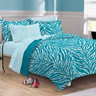 Geometric 5 Piece Girls Aqua Zebra Themed Comforter Twin XL Set, Stylish All Over Zoo Animal Jungle Print Bedding, Girly Multi African Safari Animals Exotic Wildlife Pattern, Blue Turquoise