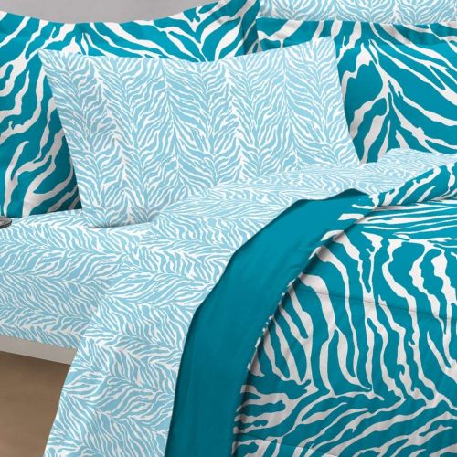  Geometric 5 Piece Girls Aqua Zebra Themed Comforter Twin XL Set, Stylish All Over Zoo Animal Jungle Print Bedding, Girly Multi African Safari Animals Exotic Wildlife Pattern, Blue Turquoise