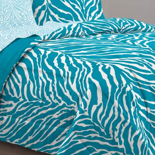  Geometric 5 Piece Girls Aqua Zebra Themed Comforter Twin XL Set, Stylish All Over Zoo Animal Jungle Print Bedding, Girly Multi African Safari Animals Exotic Wildlife Pattern, Blue Turquoise