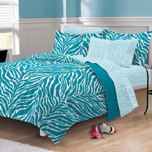  Geometric 5 Piece Girls Aqua Zebra Themed Comforter Twin XL Set, Stylish All Over Zoo Animal Jungle Print Bedding, Girly Multi African Safari Animals Exotic Wildlife Pattern, Blue Turquoise