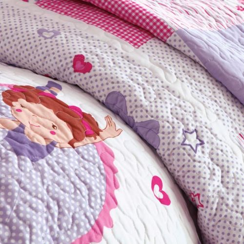 Geometric 3 Piece Girls Purple Pink Ballerina Patchwork Coverlet Twin Set, Pretty Girly All Over Patch Work Ballet Dancer Bedding, Cute Multi Floral Dancing Dancers Shoes Heart Polka Dot The