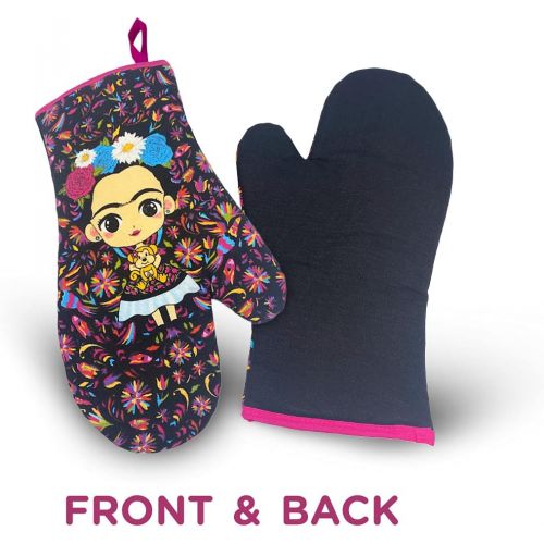  Geonasllc Set tortilla warmer & oven mitt in black, This delicate collection is inspired by the famous Mexican artist Frida Kahlo with traditional Otomi Figures of Mexico Lindo his