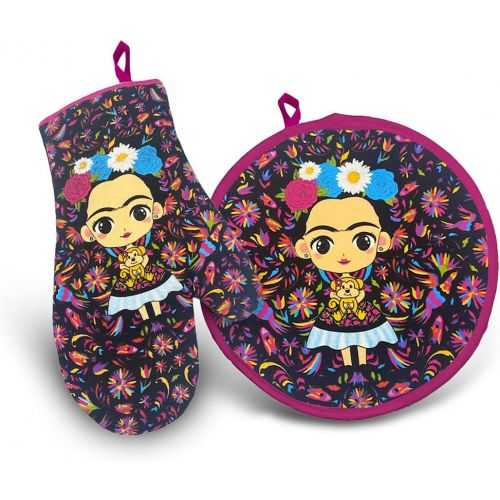  Geonasllc Set tortilla warmer & oven mitt in black, This delicate collection is inspired by the famous Mexican artist Frida Kahlo with traditional Otomi Figures of Mexico Lindo his