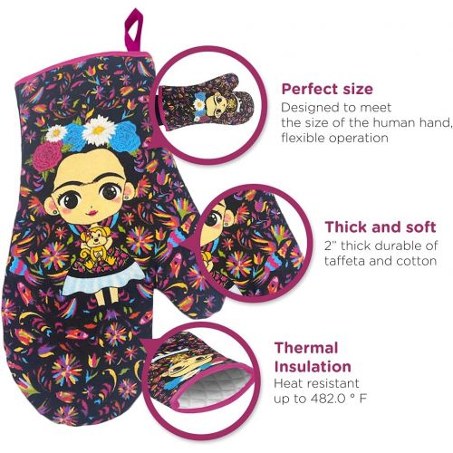  Geonasllc Set tortilla warmer & oven mitt in black, This delicate collection is inspired by the famous Mexican artist Frida Kahlo with traditional Otomi Figures of Mexico Lindo his