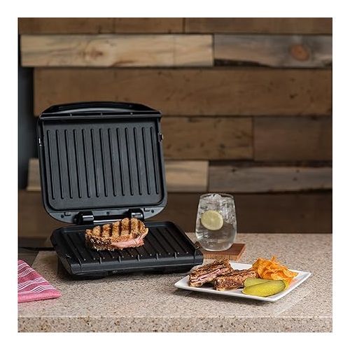  George Foreman 4-Serving Removable Plate Electric Grill and Panini Press, George Tough Non-Stick Coating, Drip Tray Catches Grease, Black