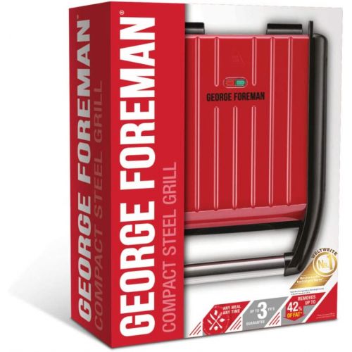  George Foreman 25030-56 Fitnessgrill Steel Compact, Kontaktgrill, Panini- und Sandwichgrill, 24 x 17 cm grosse Grillflache fuer bis zu 3 Portionen, rot