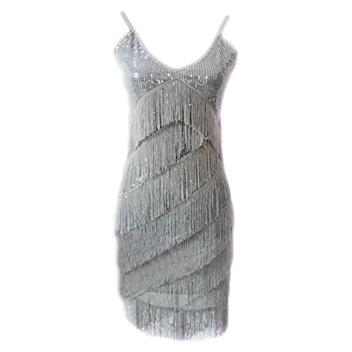  George Jimmy Latin Rumba Cha,cha Dance Skirt Sequins Fringed Costume Dance Dress,Gray