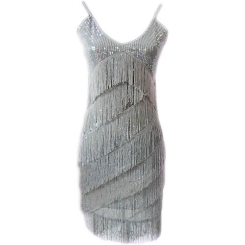  George Jimmy Latin Rumba Cha,cha Dance Skirt Sequins Fringed Costume Dance Dress,Gray