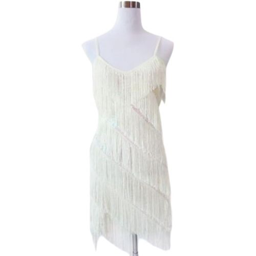  George Jimmy Halter LatinRumbaCha-cha Dance Dress Sequins Fringe Dance Skirt-White