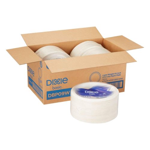  Dixie Basic 9” Light-Weight Paper Plates by GP PRO (Georgia-Pacific), White, DBP09W, 500 Count (125 Plates Per Pack, 4 Packs Per Case)