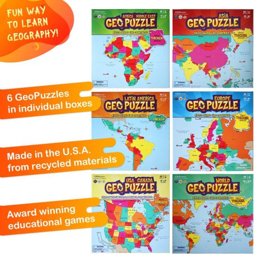  GeoToys  Set of 6 GeoPuzzles in Individual Boxes  Educational Kid Toys for Boys and Girls, 50+ Piece Geography Jigsaw Puzzles, Jumbo Size Kids Puzzles  Ages 4 and up