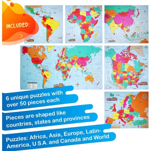  GeoToys  Set of 6 GeoPuzzles in Individual Boxes  Educational Kid Toys for Boys and Girls, 50+ Piece Geography Jigsaw Puzzles, Jumbo Size Kids Puzzles  Ages 4 and up