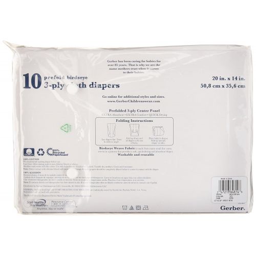  [아마존베스트]Gerber Birdseye 3-Ply Prefold Cloth Diapers, White, 10 Count