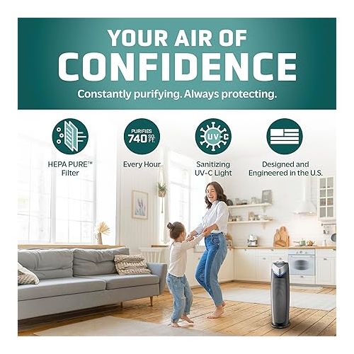  GermGuardian Air Purifier with HEPA 13 Filter, Removes 99.97% of Pollutants, Covers Large Room up to 743 Sq. Foot Room in 1 Hr, UV-C Light Helps Reduce Germs, Zero Ozone Verified, 22”, Gray, AC4825E